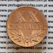 Portugal, bronze coin of 20 centavos 1955 of Portuguese Republic, XX centavos 1955 Bronze, (XF/AU), World Coins Portugal KM#584