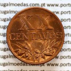 Portugal, bronze coin of 20 centavos 1956 Portuguese Republic, (UNC), World Coins Portugal KM 584, Gomes R.16.12 A2