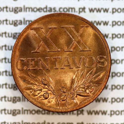 Portugal, bronze coin of 20 centavos 1956 Portuguese Republic, (UNC), World Coins Portugal KM 584, Gomes R.16.12 a2
