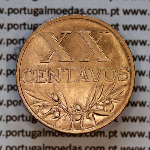 Portugal, bronze coin of 20 centavos 1956 Portuguese Republic, (AU/UNC), Gomes R.16.12, World Coins Portugal KM 584