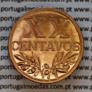 Portugal, bronze coin of 20 centavos 1958 Portuguese Republic, XX centavos 1958 Bronze, (UNC), World Coins Portugal KM 584a4