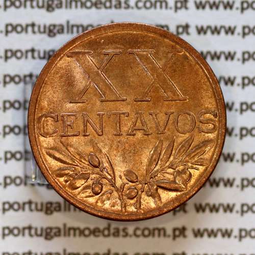 Portugal, bronze coin of 20 centavos 1958 Portuguese Republic, XX centavos 1958 Bronze, (UNC), World Coins Portugal KM 584b2
