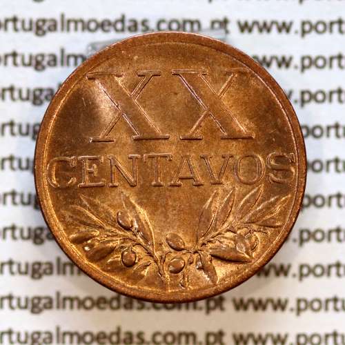 Portugal, bronze coin of 20 centavos 1958 Portuguese Republic, XX centavos 1958 Bronze, (UNC), World Coins Portugal KM 584b5