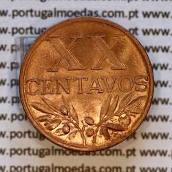 Portugal, bronze coin of 20 centavos 1960 Portuguese Republic, XX centavos 1960 Bronze, (UNC), World Coins Portugal KM 584 a2