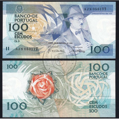 100 (One hundred) Escudos 1986 Fernando Pessoa 16/10/1986, Sheet: 9 Bank of Portugal, (QNC), AJN 053177, Pick 179a