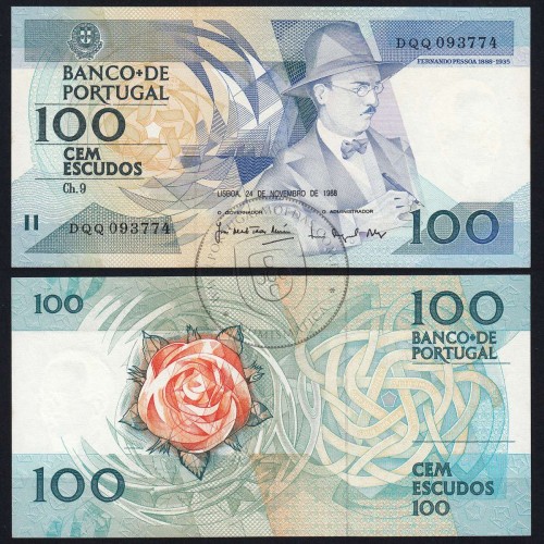 100 (Cem) Escudos 1988 Fernando Pessoa 24/11/1988, Chapa:9 Banco de Portugal, (QNC), Pick 179f