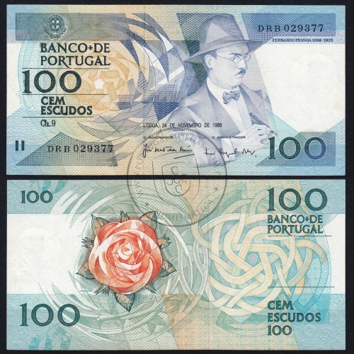 100 (One hundred) Escudos 1988 Fernando Pessoa 24 November 1988, Sheet: 9 Bank of Portugal, (AU), Pick 179f