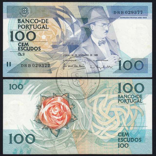 100 (One hundred) Escudos 1988 Fernando Pessoa 24 November 1988, Sheet: 9 Bank of Portugal, (AU), Pick 179f
