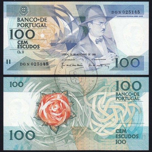 100 (Cem) Escudos 1988 Fernando Pessoa 24/11/1988, Chapa:9 Banco de Portugal, (NC), Pick 179f