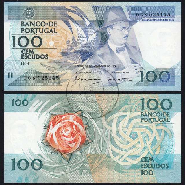 100 (Cem) Escudos 1988 Fernando Pessoa 24/11/1988, Chapa:9 Banco de Portugal, (NC), Pick 179f