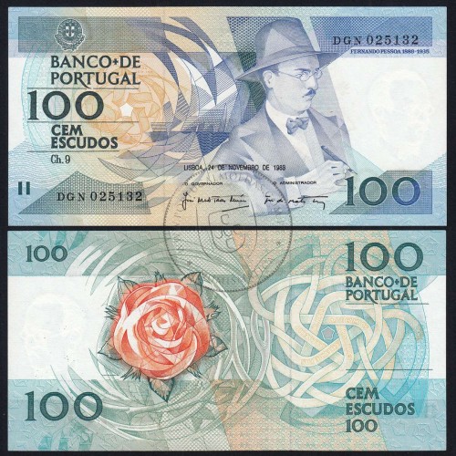 100 (One hundred) Escudos 1988 Fernando Pessoa 24 November 1988, Sheet: 9 Bank of Portugal, (AU), Pick 179f