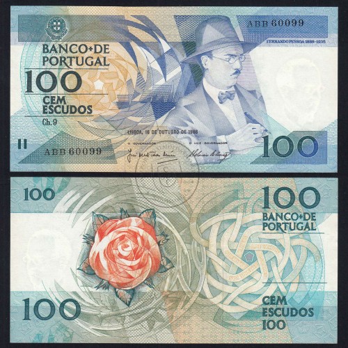 100 (One hundred) Escudos 1986 Fernando Pessoa 16/10/1986, Sheet: 9 Bank of Portugal, (UNC), ABB 60099, Pick 179a