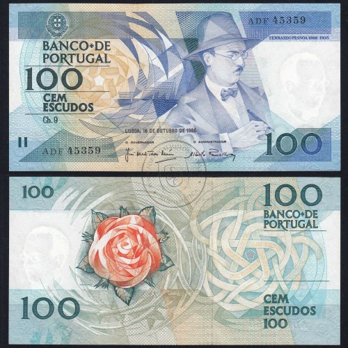 100 (One hundred) Escudos 1986 Fernando Pessoa 16/10/1986, Sheet: 9 Bank of Portugal, (UNC), ADF 45359, Pick 179a