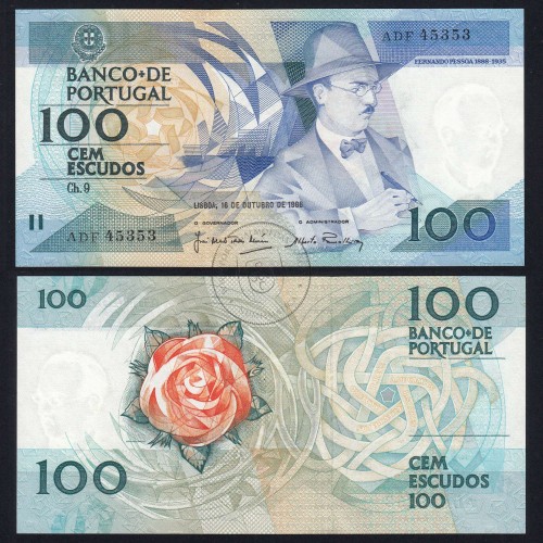 100 (Cem) Escudos 1986 Fernando Pessoa 16/10/1986, Chapa:9 Banco de Portugal, (NC), ADF 45353, Pick 179a