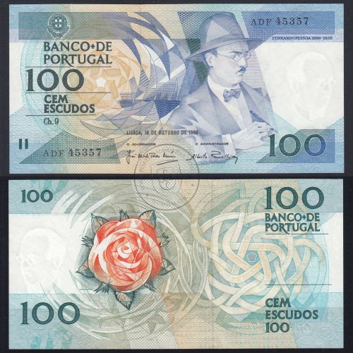 100 (One hundred) Escudos 1986 Fernando Pessoa 16/10/1986, Sheet: 9 Bank of Portugal, (UNC), ADF 45357, Pick 179a