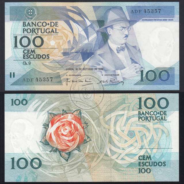 100 (Cem) Escudos 1986 Fernando Pessoa 16/10/1986, Chapa:9 Banco de Portugal, (NC), ADF 45357, Pick 179a