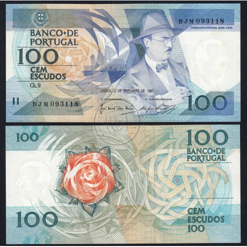 100 (One hundred) Escudos 1987 Fernando Pessoa 3 December 1987, Sheet: 9 Bank of Portugal, BJM 093118, (UNC), Pick 179d