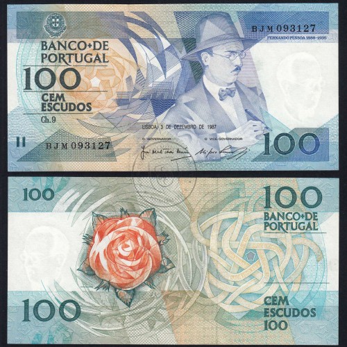 100 (One hundred) Escudos 1987 Fernando Pessoa 3 December 1987, Sheet: 9 Bank of Portugal, BJM 093127, (UNC), Pick 179d