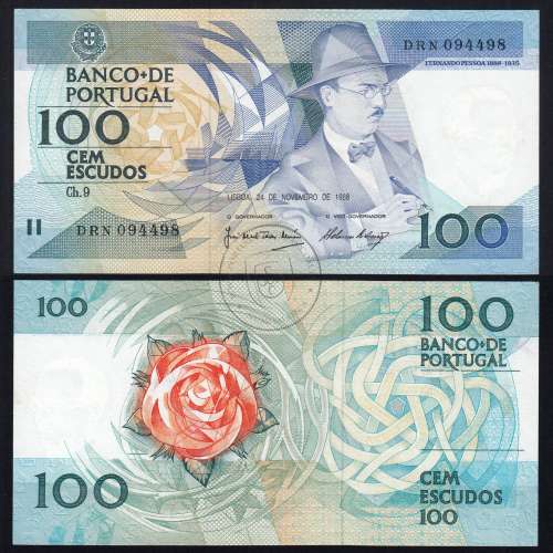 100 (Cem) Escudos 1988 Fernando Pessoa 24/11/1988, Chapa:9 Banco de Portugal, DRN 094498, (NC), Pick 179f