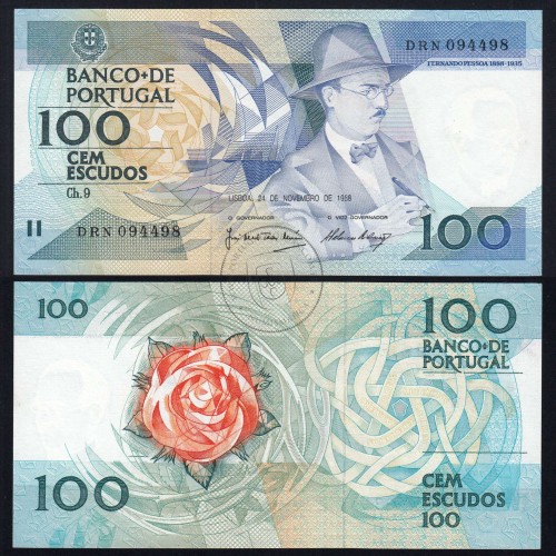 100 (Cem) Escudos 1988 Fernando Pessoa 24/11/1988, Chapa:9 Banco de Portugal, DRN 094498, (NC), Pick 179f