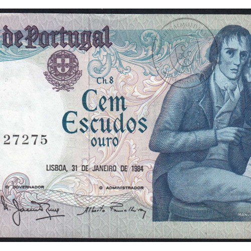 100 (Cem) Escudos 1984 Bocage 31/01/1984, Chapa:8 Banco de Portugal, DMM 27275, (QNC), Pick 178c