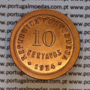 Portugal, 10 centavos 1924 bronze coin of the Portuguese Republic, (UNC), Gomes R.09.01, World Coins Portugal KM 573 a