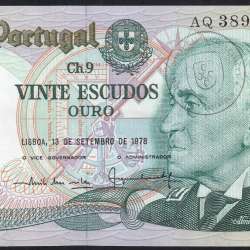 20 (Vinte) Escudos 1978 Gago Coutinho 13/09/1978, Chapa:9 Banco de Portugal, (QNC), AQ 38914, Pick 176a