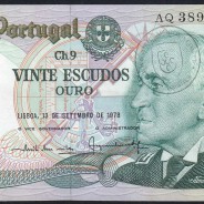 20 (Vinte) Escudos 1978 Gago Coutinho 13/09/1978, Chapa:9 Banco de Portugal, (QNC), AQ 38914, Pick 176a