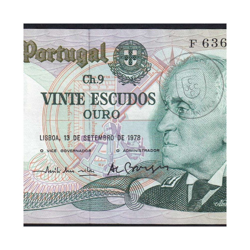 20 (Twenty) Escudos 1978 Gago Coutinho 13/09/1978, Plate: 9 Bank of Portugal, (AU), Pick 176a