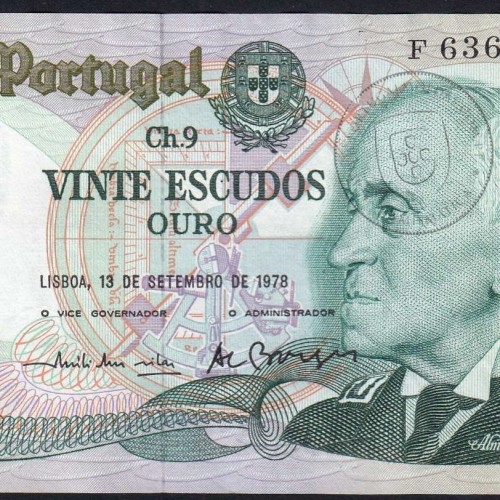 20 (Vinte) Escudos 1978 Gago Coutinho 13/09/1978, Chapa:9 Banco de Portugal, (QNC), F 63641, Pick 176a