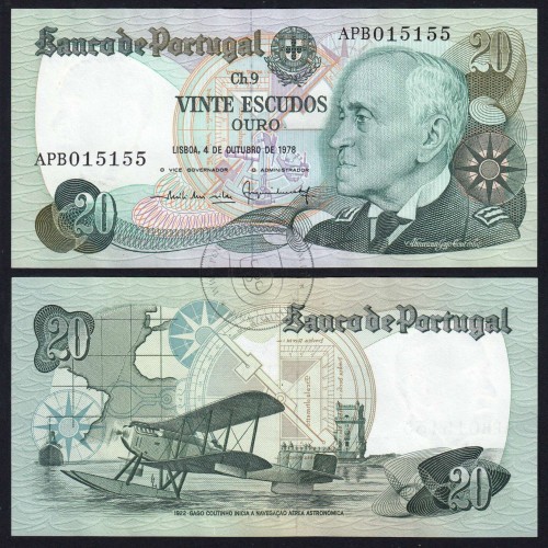 20 (Twenty) Escudos Admiral Gago Coutinho 4.10.1978, Plate 9 - Bank of Portugal, (AU), APB 015155, Pick 176b