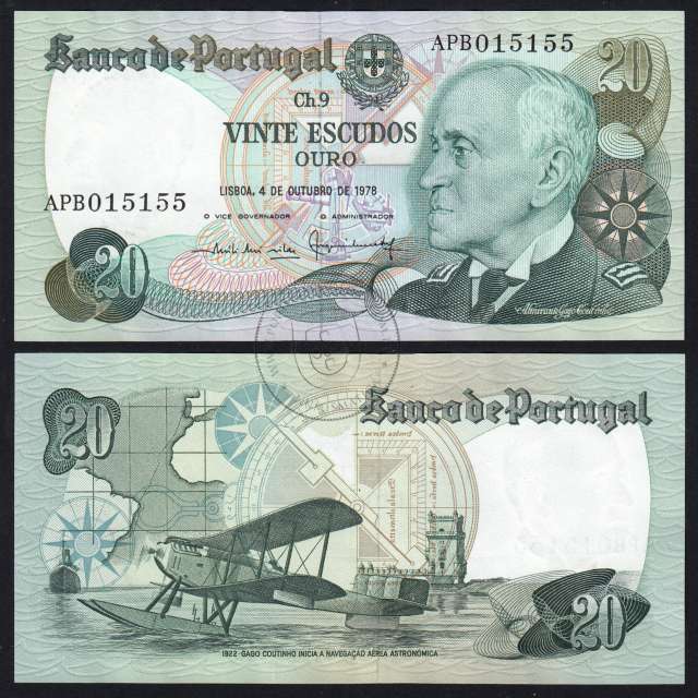 20 (Twenty) Escudos Admiral Gago Coutinho 4.10.1978, Plate 9 - Bank of Portugal, (AU), APB 015155, Pick 176b