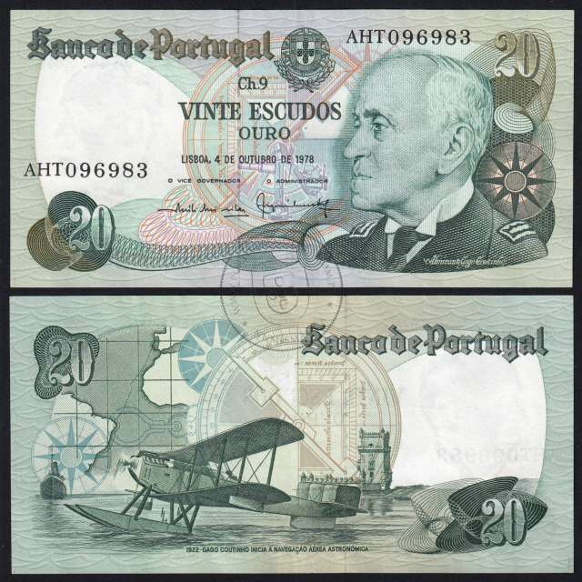 20 (Vinte) Escudos 1978 Gago Coutinho 4/10/1978 Chapa:9 Banco de Portugal, (PC), AHT 096983, Pick 176b