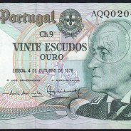 20 (Twenty) Escudos Admiral Gago Coutinho 4.10.1978, Plate 9 - Bank of Portugal, (AU), AQQ 020483, Pick 176b