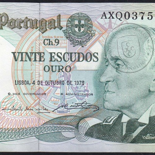 20 (Twenty) Escudos Admiral Gago Coutinho 4.10.1978, Plate 9 - Bank of Portugal, (AU), AXQ 037591, Pick 176b
