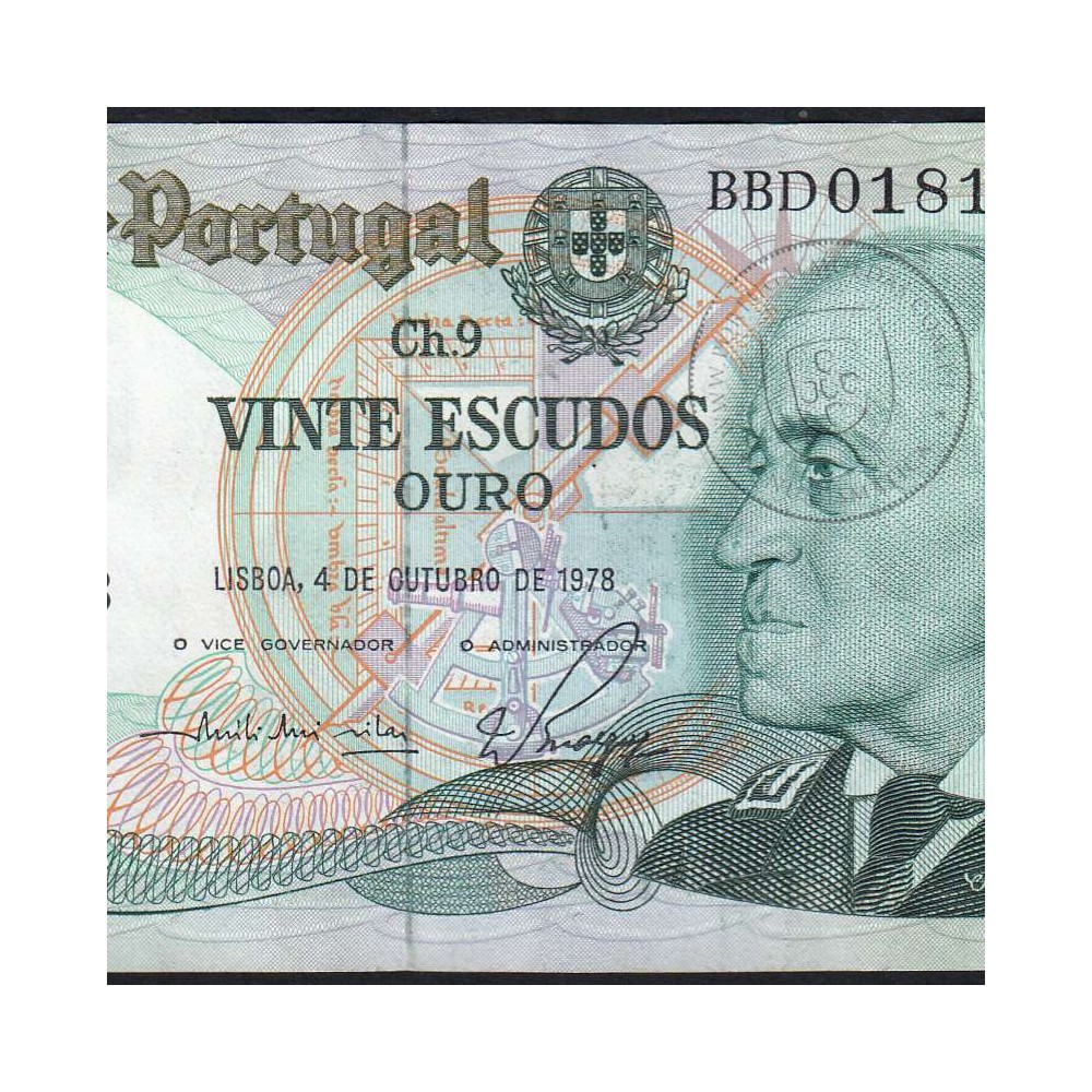 20 (Twenty) Escudos Admiral Gago Coutinho 4.10.1978, Plate 9 - Bank of Portugal, (AU), BBD 018173, Pick 176b