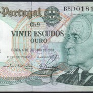 20 (Vinte) Escudos 1978 Gago Coutinho 4/10/1978 Chapa:9 Banco de Portugal, (QNC), BBD 018173, Pick 176b