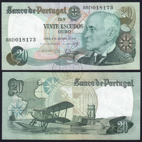 20 (Vinte) Escudos 1978 Gago Coutinho 4/10/1978 Chapa:9 Banco de Portugal, (QNC), BBD 018173, Pick 176b