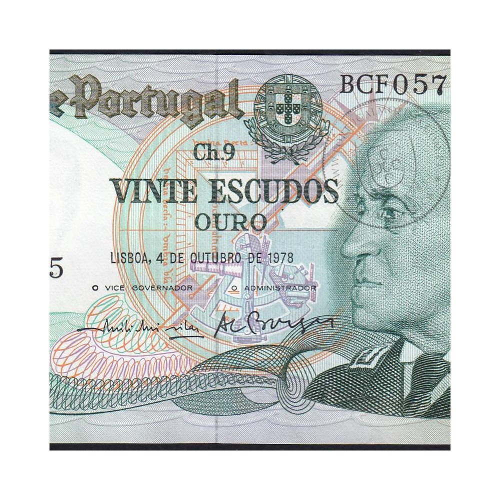 20 (Twenty) Escudos Admiral Gago Coutinho 4.10.1978, Plate 9 - Bank of Portugal, (AU), BCF 057245, Pick 176b