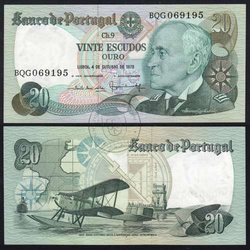 20 (Twenty) Escudos Admiral Gago Coutinho 4.10.1978, Plate 9 - Bank of Portugal, (UNC), BQG 069195, Pick 176b