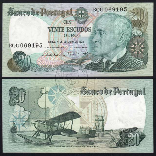 20 (Vinte) Escudos 1978 Gago Coutinho 4/10/1978 Chapa:9 Banco de Portugal, (NC), BQG 069195, Pick 176b