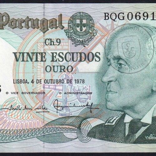 20 (Twenty) Escudos Admiral Gago Coutinho 4.10.1978, Plate 9 - Bank of Portugal, (AU), BQG 069196, Pick 176b