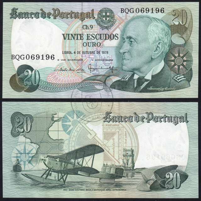 20 (Twenty) Escudos Admiral Gago Coutinho 4.10.1978, Plate 9 - Bank of Portugal, (AU), BQG 069196, Pick 176b