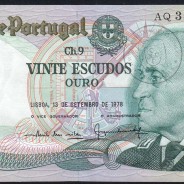 20 (Twenty) Escudos 1978 Gago Coutinho 13/09/1978, Plate: 9 Bank of Portugal, (AU), AQ 38913, Pick 176a