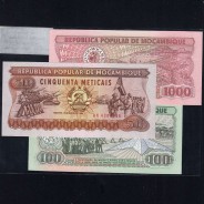 MOÇAMBIQUE - LOTE DE 3 NOTAS DIFERENTES - SERIE 1980-1989 (NÃO CIRCULADAS)
