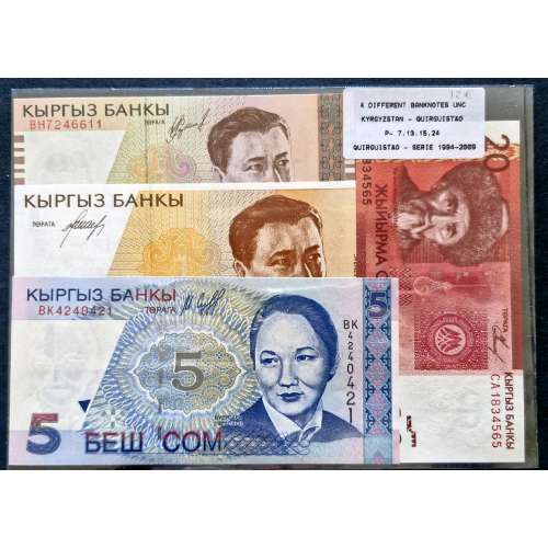 Kyrgyzstan – Set of 4 banknotes, 1994–2009 series (uncirculated) – Choose 7, 13, 15, 24