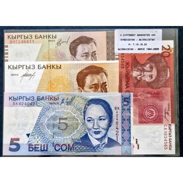 Kyrgyzstan – Set of 4 banknotes, 1994–2009 series (uncirculated) – Choose 7, 13, 15, 24
