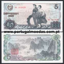 North Korea – 5 Won Banknote, 1983 (Uncirculated) – Pick 19c - Red Stamp