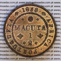 1/2 Macuta 1858 cobre – (Bela+) – Reverso (variação de brilho 1) – Ref. MQ.4D.AG.P5.AG.01.01.A2