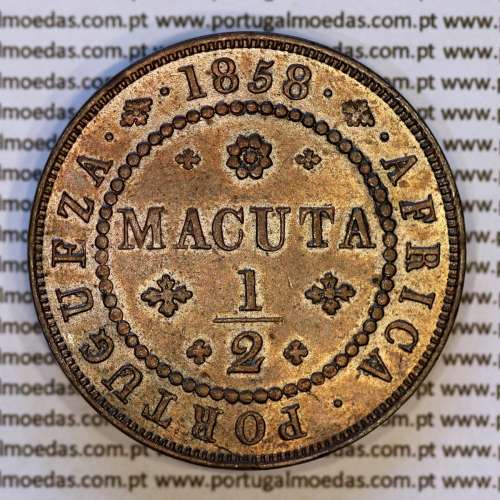 1/2 Macuta 1858 cobre – (Bela+) – Reverso (variação de brilho 1) – Ref. MQ.4D.AG.P5.AG.01.01.A2